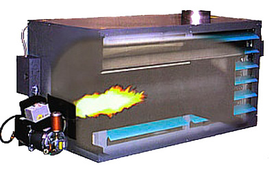 Long combustion chamber of the Omni waste (used) oil heaters eliminates the need for a target plate.